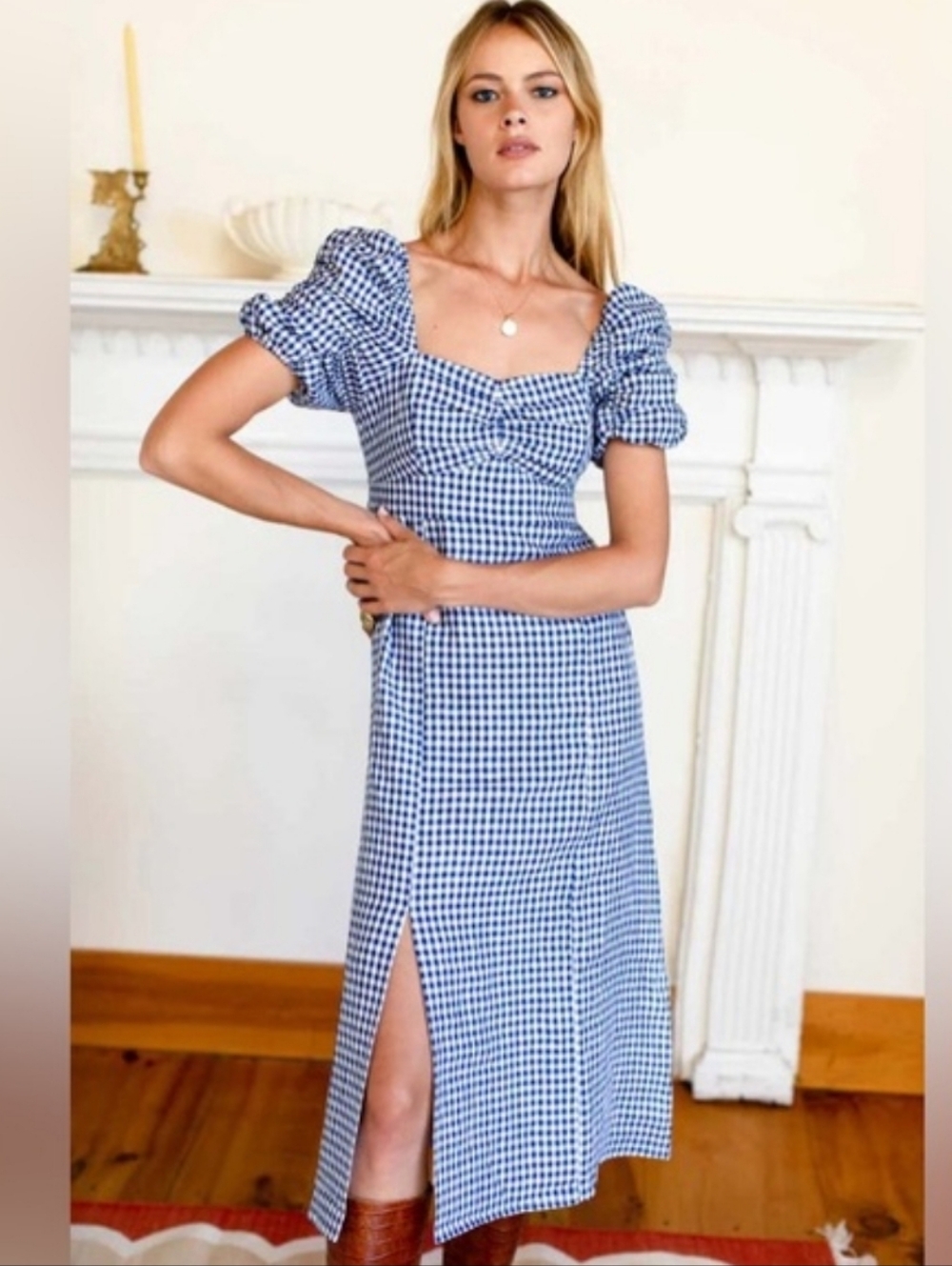Emerson Fry Blue Gingham Puff-Sleeve Midi Dress